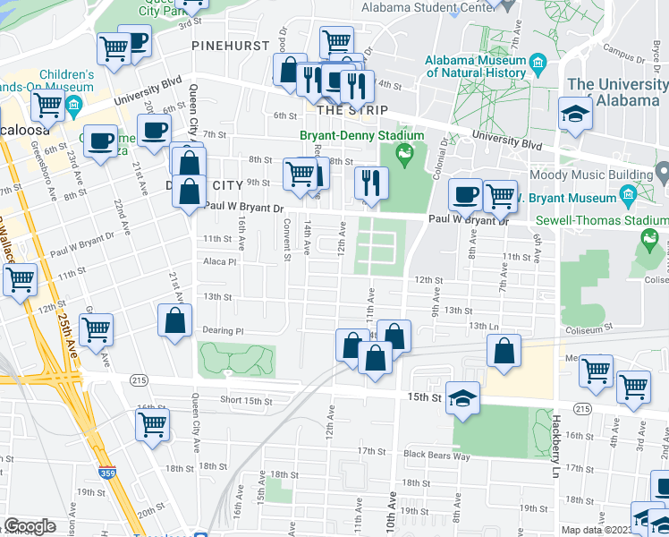 map of restaurants, bars, coffee shops, grocery stores, and more near 1202 12th Street in Tuscaloosa