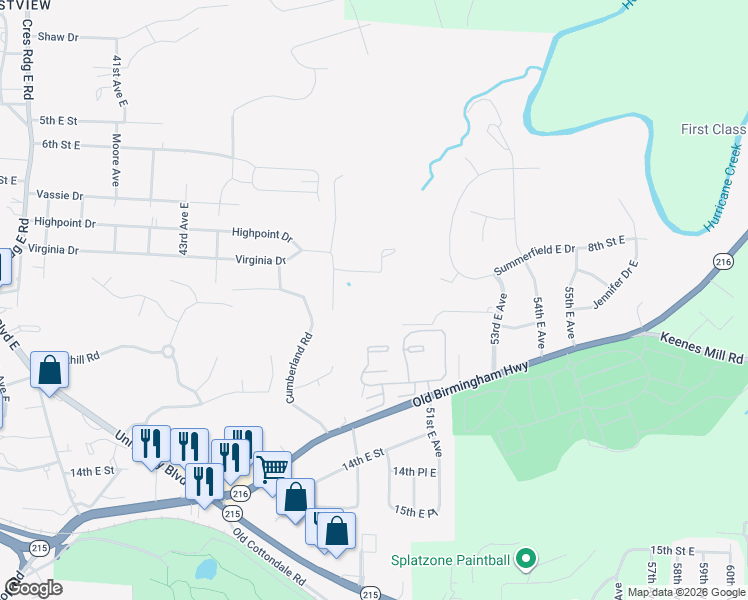 map of restaurants, bars, coffee shops, grocery stores, and more near 4809 Cumberland Road in Tuscaloosa
