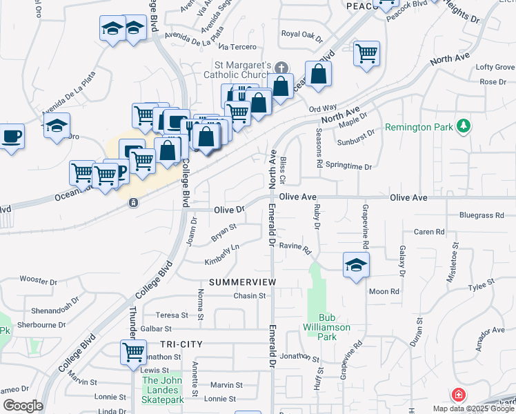map of restaurants, bars, coffee shops, grocery stores, and more near 2553 Marjo Court in Oceanside