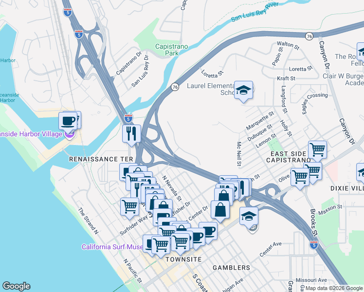 map of restaurants, bars, coffee shops, grocery stores, and more near 790 Harbor Cliff Way in Oceanside