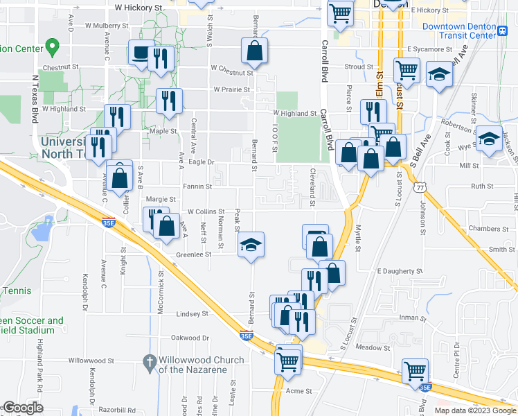 map of restaurants, bars, coffee shops, grocery stores, and more near 852 West Collins Street in Denton