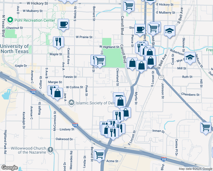 map of restaurants, bars, coffee shops, grocery stores, and more near 736 West Collins Street in Denton