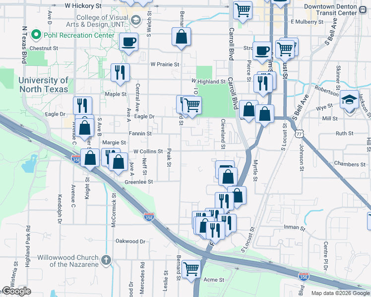 map of restaurants, bars, coffee shops, grocery stores, and more near 866 West Collins Street in Denton