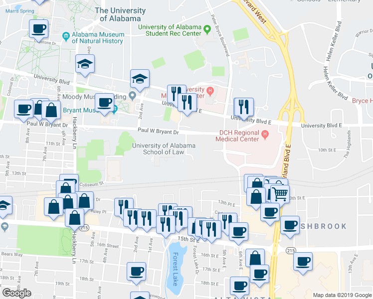 map of restaurants, bars, coffee shops, grocery stores, and more near 1101 Jackson Avenue in Tuscaloosa