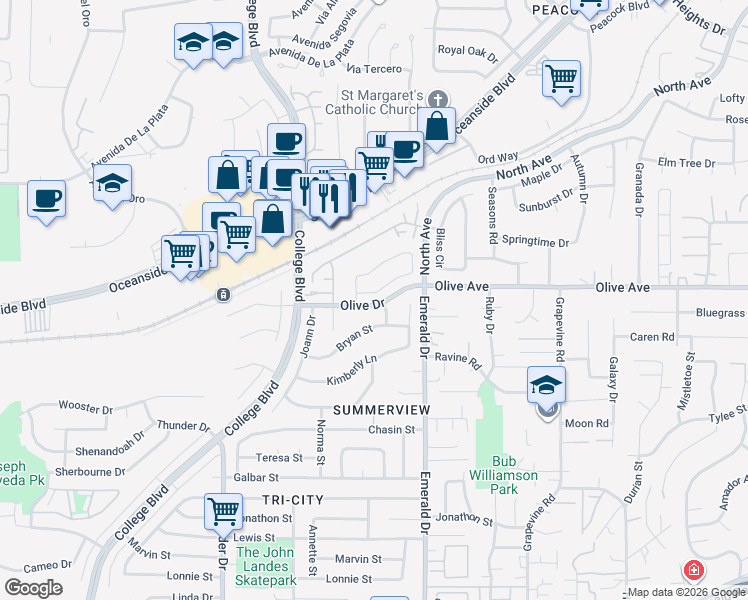 map of restaurants, bars, coffee shops, grocery stores, and more near 4177 Olive Avenue in Oceanside