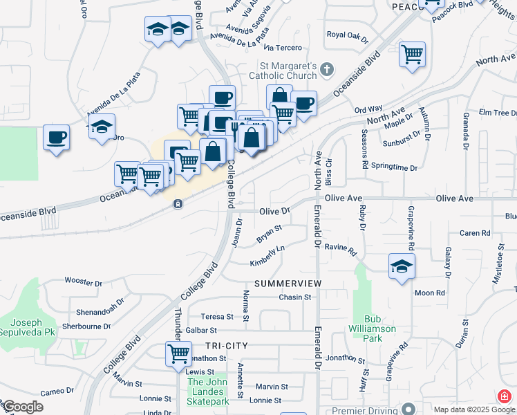 map of restaurants, bars, coffee shops, grocery stores, and more near 2551 Felinda Way in Oceanside