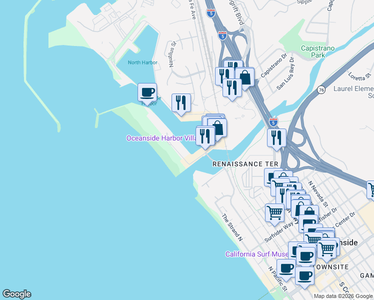 map of restaurants, bars, coffee shops, grocery stores, and more near 1202 North Pacific Street in Oceanside