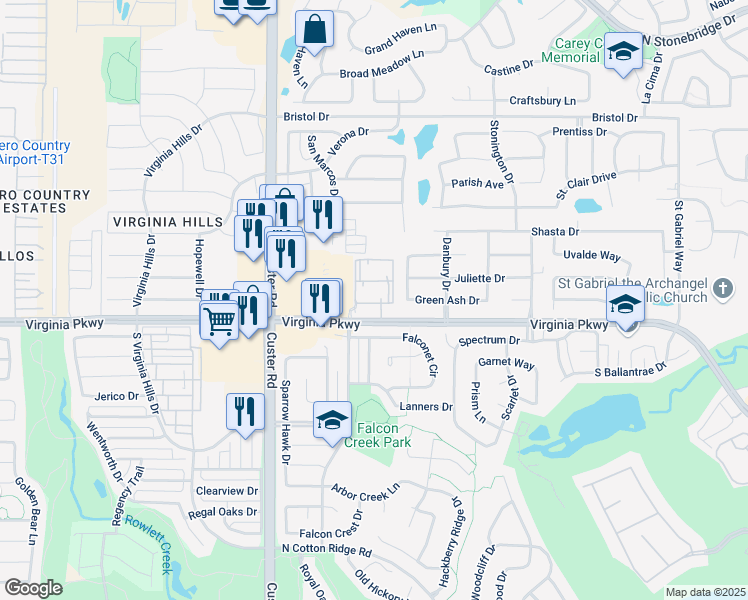 map of restaurants, bars, coffee shops, grocery stores, and more near 8602 Virginia Parkway in McKinney