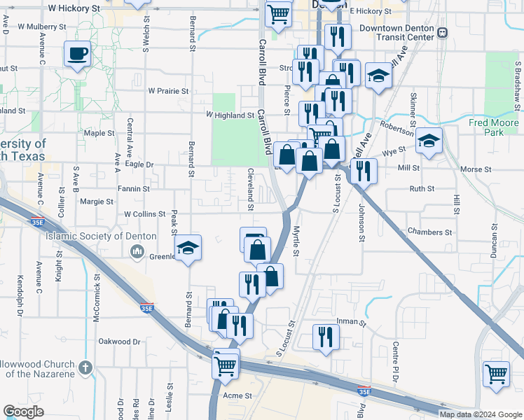 map of restaurants, bars, coffee shops, grocery stores, and more near 416 West Collins Street in Denton