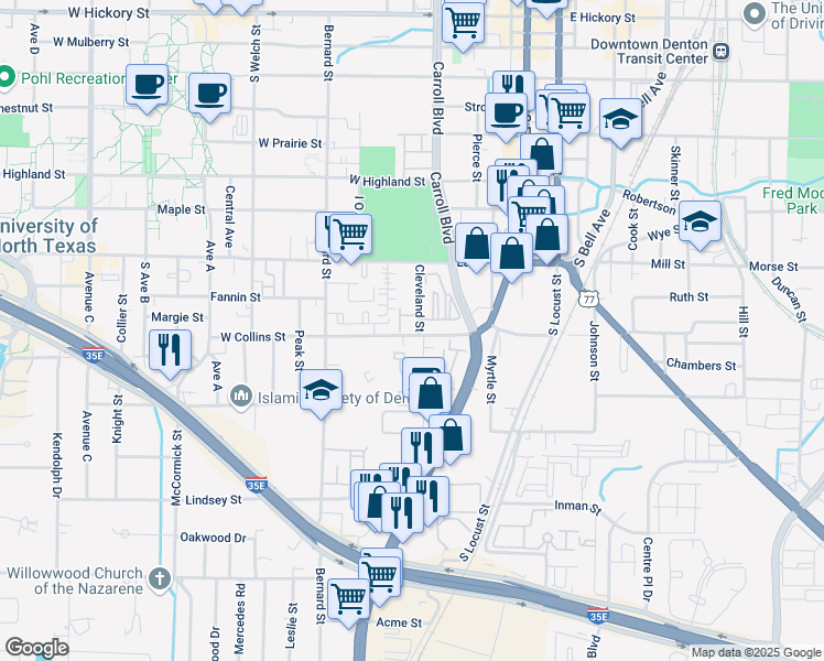 map of restaurants, bars, coffee shops, grocery stores, and more near in Denton