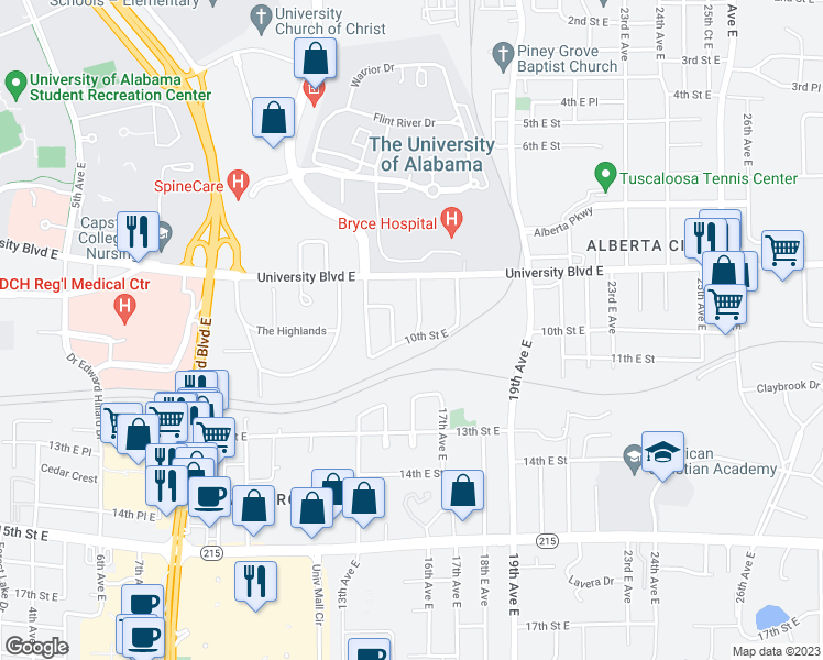 map of restaurants, bars, coffee shops, grocery stores, and more near 938 16th Avenue East in Tuscaloosa