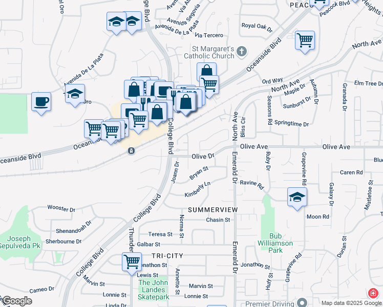 map of restaurants, bars, coffee shops, grocery stores, and more near 2551 Felinda Way in Oceanside