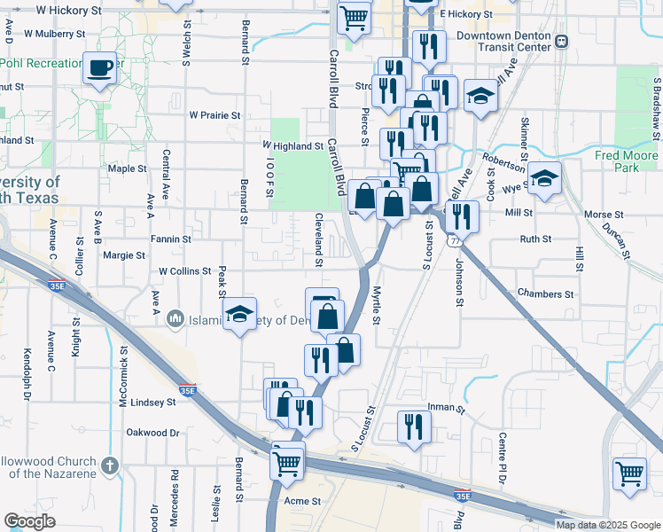 map of restaurants, bars, coffee shops, grocery stores, and more near 416 West Collins Street in Denton