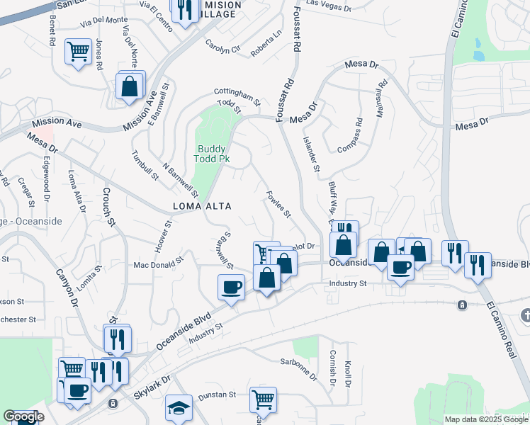 map of restaurants, bars, coffee shops, grocery stores, and more near 313 Camelot Drive in Oceanside