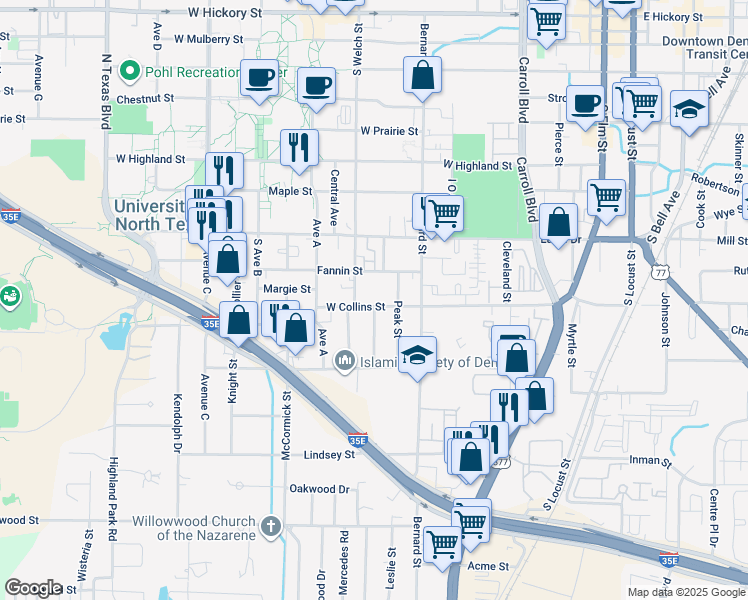 map of restaurants, bars, coffee shops, grocery stores, and more near 1016 West Collins Street in Denton