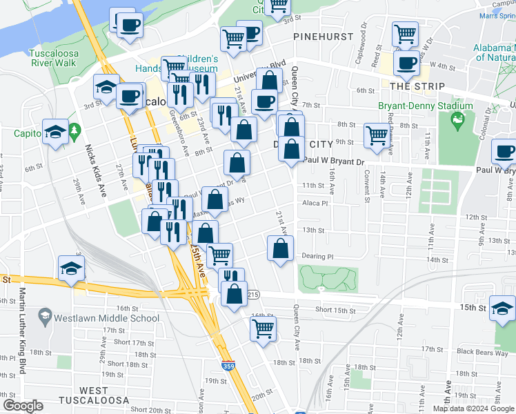 map of restaurants, bars, coffee shops, grocery stores, and more near 1115 22nd Avenue in Tuscaloosa