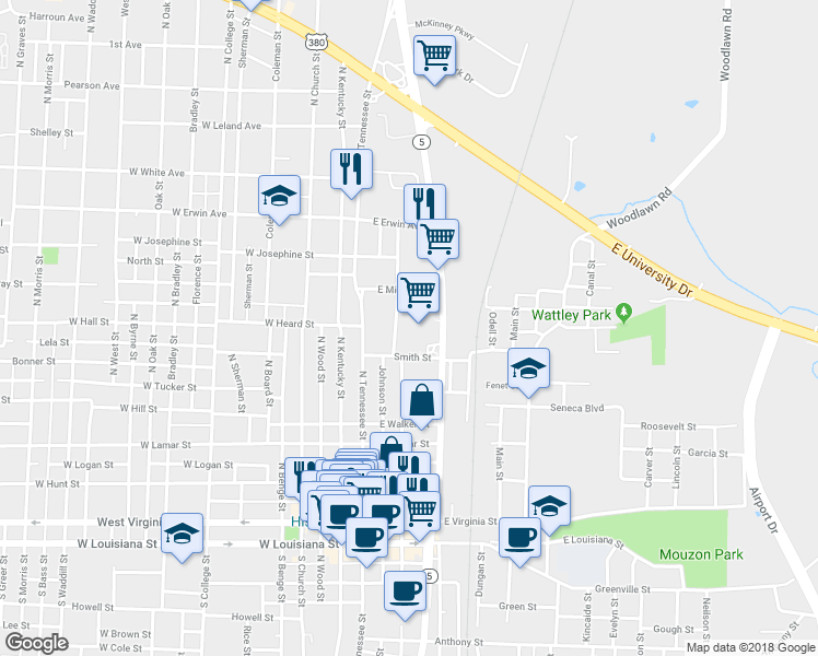 map of restaurants, bars, coffee shops, grocery stores, and more near 821 North McDonald Street in McKinney