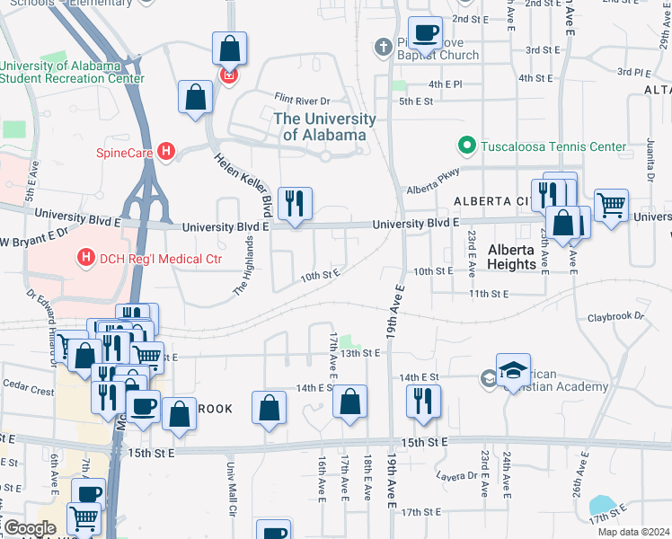 map of restaurants, bars, coffee shops, grocery stores, and more near 1724 10th Street East in Tuscaloosa