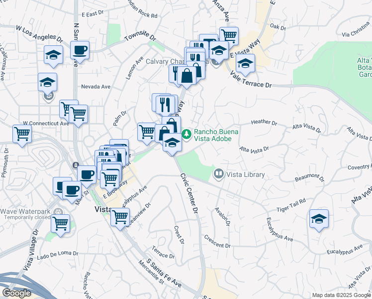 map of restaurants, bars, coffee shops, grocery stores, and more near 630 Alta Vista Drive in Vista