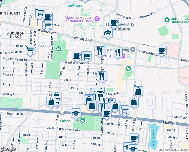 map of restaurants, bars, coffee shops, grocery stores, and more near 608-1/2 12th Avenue in Tuscaloosa
