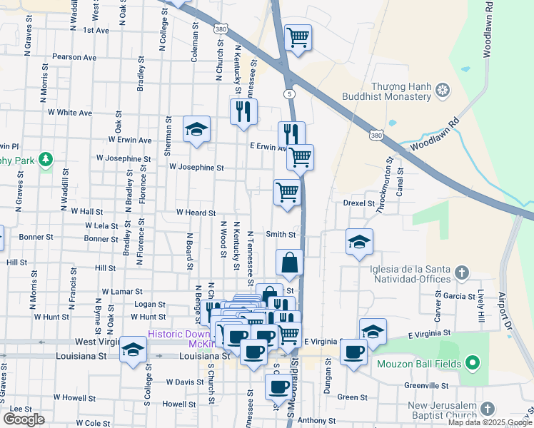 map of restaurants, bars, coffee shops, grocery stores, and more near 821 North McDonald Street in McKinney