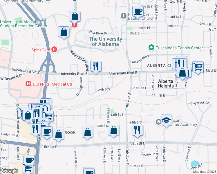 map of restaurants, bars, coffee shops, grocery stores, and more near 1728 10th Street East in Tuscaloosa