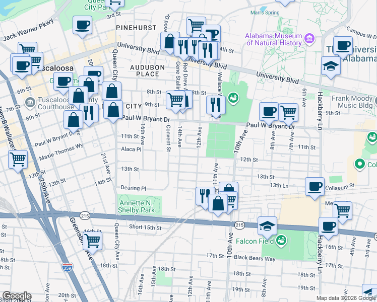 map of restaurants, bars, coffee shops, grocery stores, and more near 1196 14th Avenue in Tuscaloosa