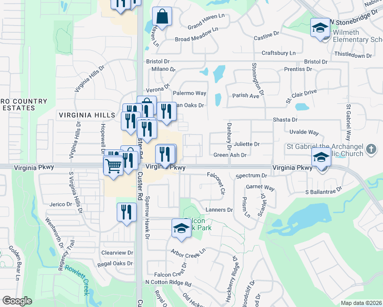 map of restaurants, bars, coffee shops, grocery stores, and more near 8690 Virginia Parkway in McKinney