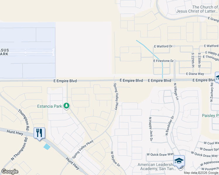 map of restaurants, bars, coffee shops, grocery stores, and more near Garnet Street in Queen Creek