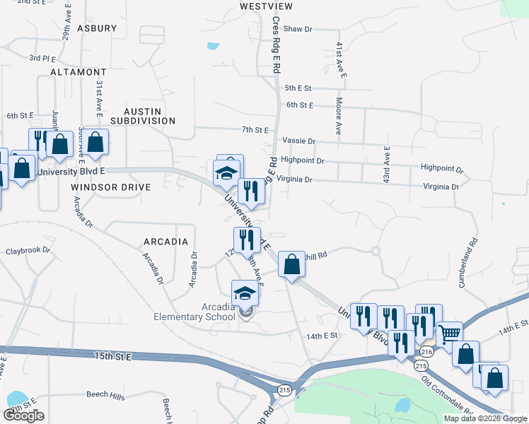 map of restaurants, bars, coffee shops, grocery stores, and more near 863 Redmont Drive in Tuscaloosa