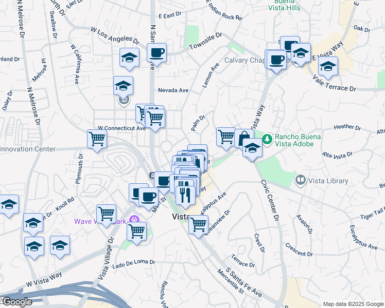 map of restaurants, bars, coffee shops, grocery stores, and more near 225 Michigan Avenue in Vista