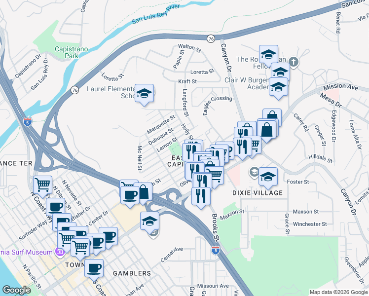map of restaurants, bars, coffee shops, grocery stores, and more near 1503 East Puls Street in Oceanside