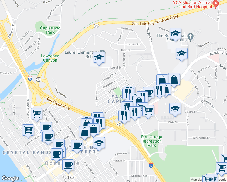 map of restaurants, bars, coffee shops, grocery stores, and more near 1420 Higgins Street in Oceanside