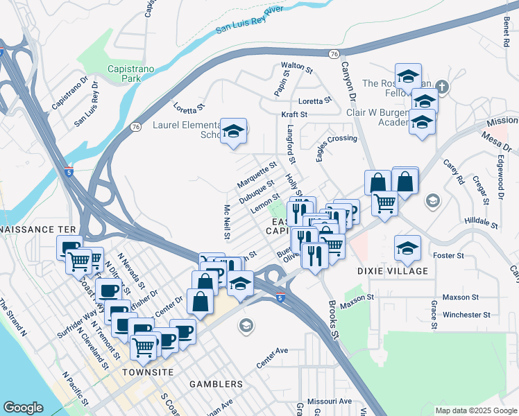 map of restaurants, bars, coffee shops, grocery stores, and more near 1420 Higgins Street in Oceanside