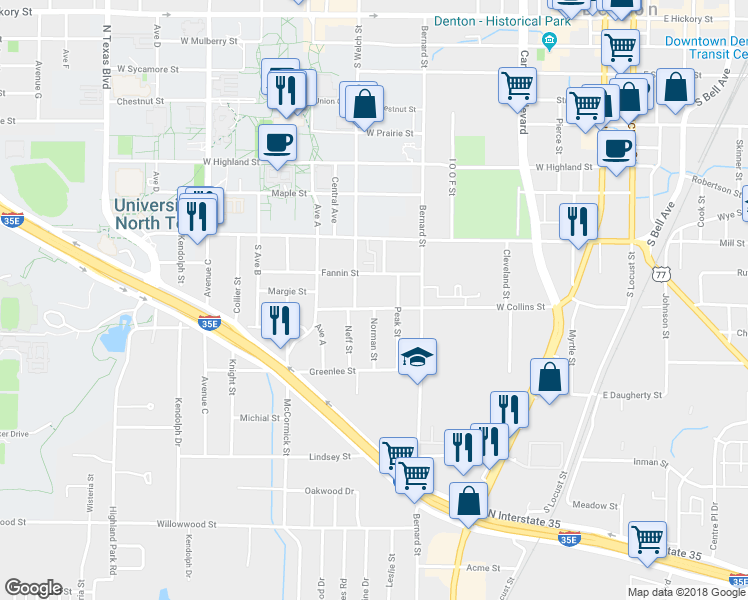 map of restaurants, bars, coffee shops, grocery stores, and more near 1102 Peak Street in Denton