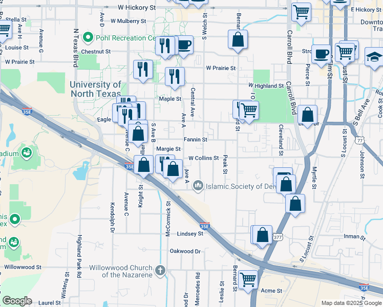 map of restaurants, bars, coffee shops, grocery stores, and more near 1201 West Collins Street in Denton