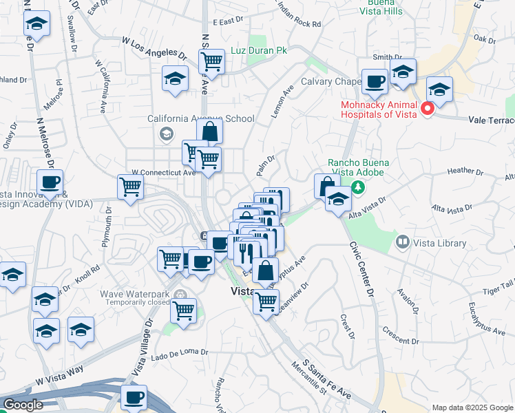 map of restaurants, bars, coffee shops, grocery stores, and more near 226 North Citrus Avenue in Vista