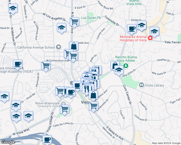 map of restaurants, bars, coffee shops, grocery stores, and more near 226 North Citrus Avenue in Vista
