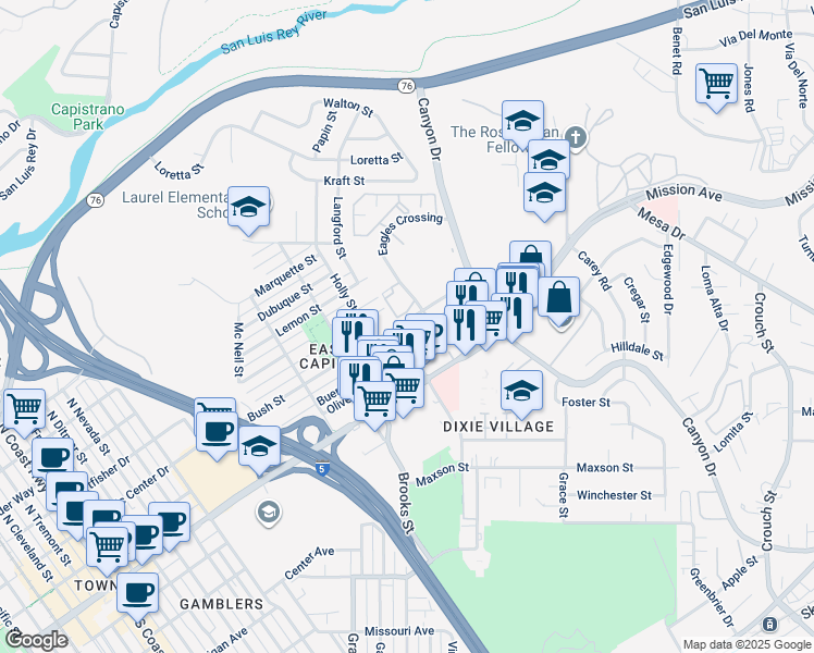 map of restaurants, bars, coffee shops, grocery stores, and more near 1701 Bush Street in Oceanside