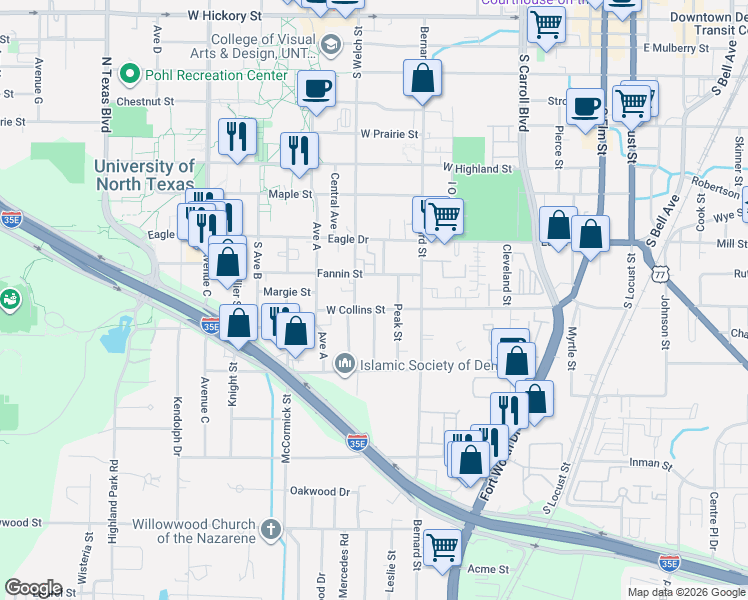 map of restaurants, bars, coffee shops, grocery stores, and more near 1102 Peak Street in Denton