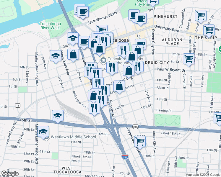 map of restaurants, bars, coffee shops, grocery stores, and more near 1010 Greensboro Avenue in Tuscaloosa