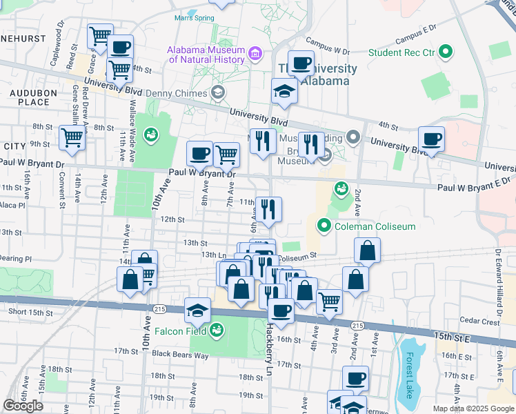 map of restaurants, bars, coffee shops, grocery stores, and more near 519 11th Street in Tuscaloosa