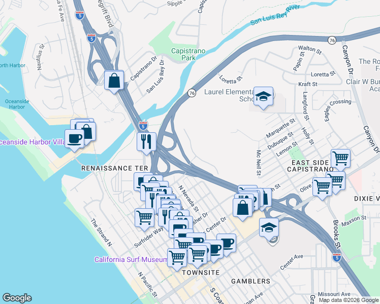 map of restaurants, bars, coffee shops, grocery stores, and more near 805 Harbor Cliff Way in Oceanside
