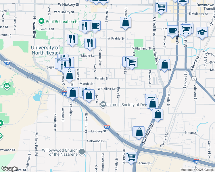map of restaurants, bars, coffee shops, grocery stores, and more near 1023 South Welch Street in Denton
