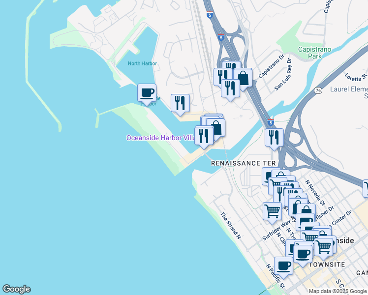 map of restaurants, bars, coffee shops, grocery stores, and more near 1202 North Pacific Street in Oceanside