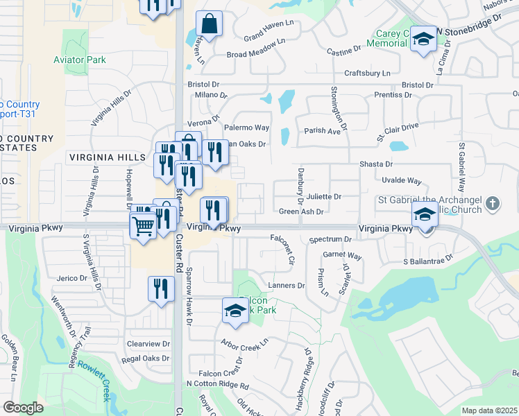 map of restaurants, bars, coffee shops, grocery stores, and more near 8690 Virginia Parkway in McKinney