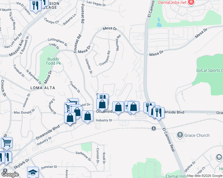map of restaurants, bars, coffee shops, grocery stores, and more near 432 Edgehill Lane in Oceanside