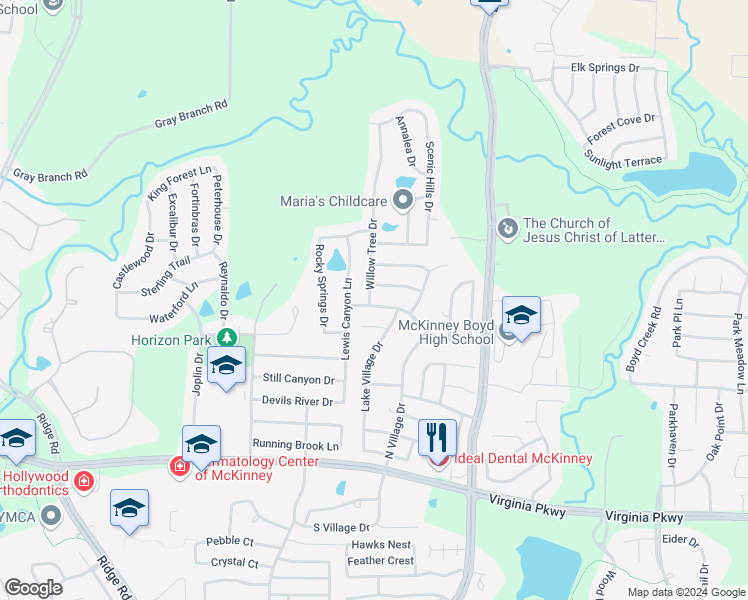 map of restaurants, bars, coffee shops, grocery stores, and more near 5408 Raincrest Drive in McKinney