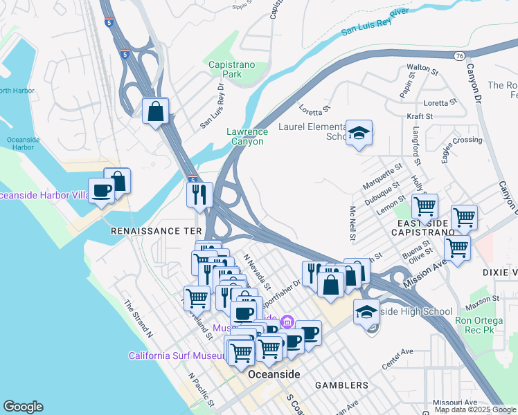 map of restaurants, bars, coffee shops, grocery stores, and more near 814 Neptune Way in Oceanside