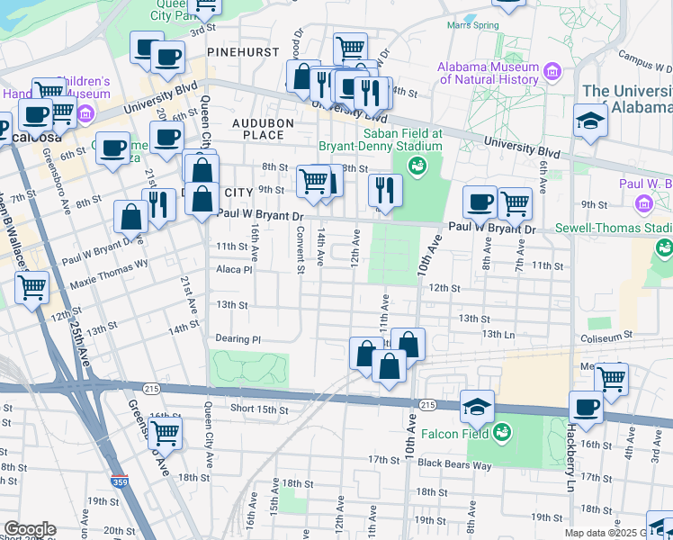 map of restaurants, bars, coffee shops, grocery stores, and more near 1196 14th Avenue in Tuscaloosa